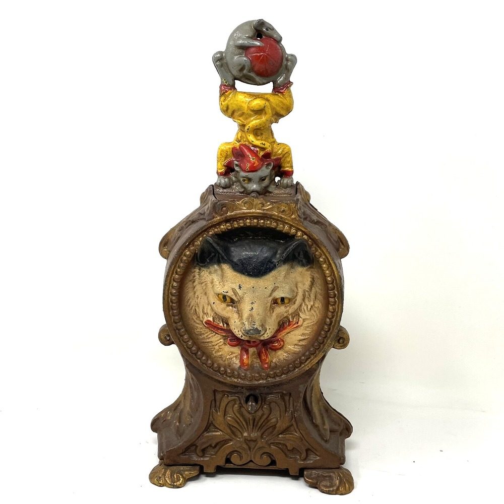 Vintage Cat & Mouse Cast Iron Mechanical Bank Reproduction Book Of Knowledge